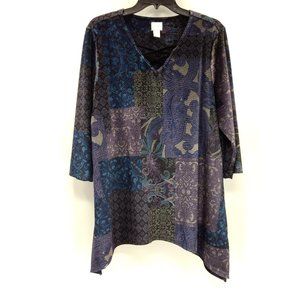 CHICO'S Top Women's 2 Purple Velvet Paisley Burnout Batwing Hem 3/4 Sleeve Tunic